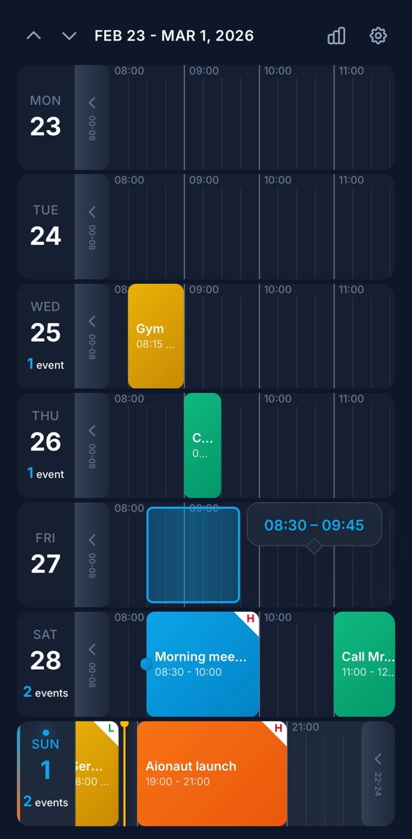 Aionaut Calendar interface showing drag-to-create scheduling